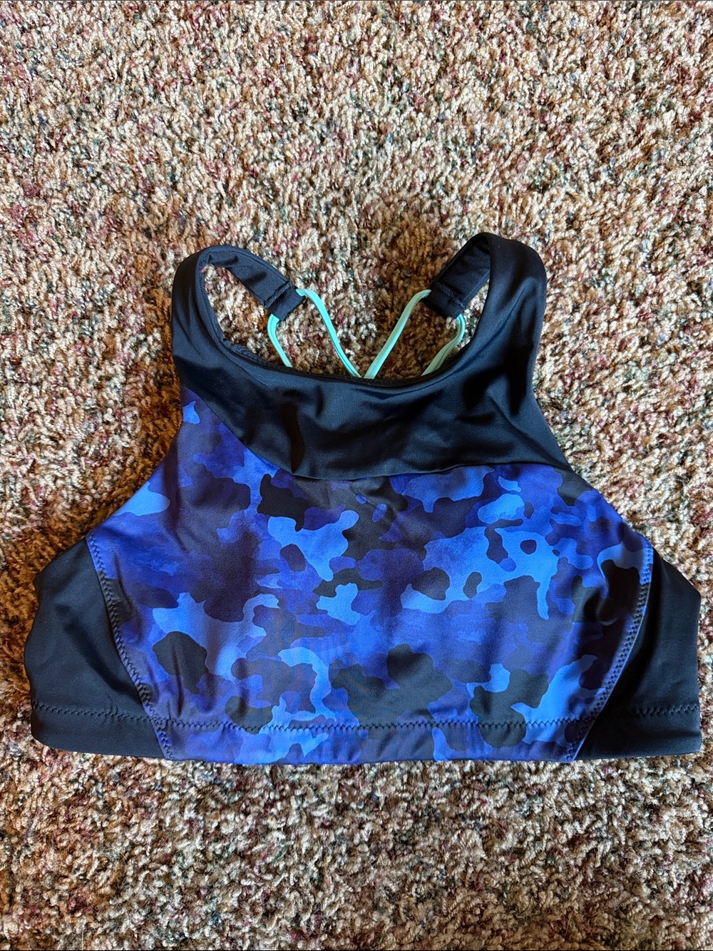 Athleta Blue Camo High-Neck Swim Top with Black Trim